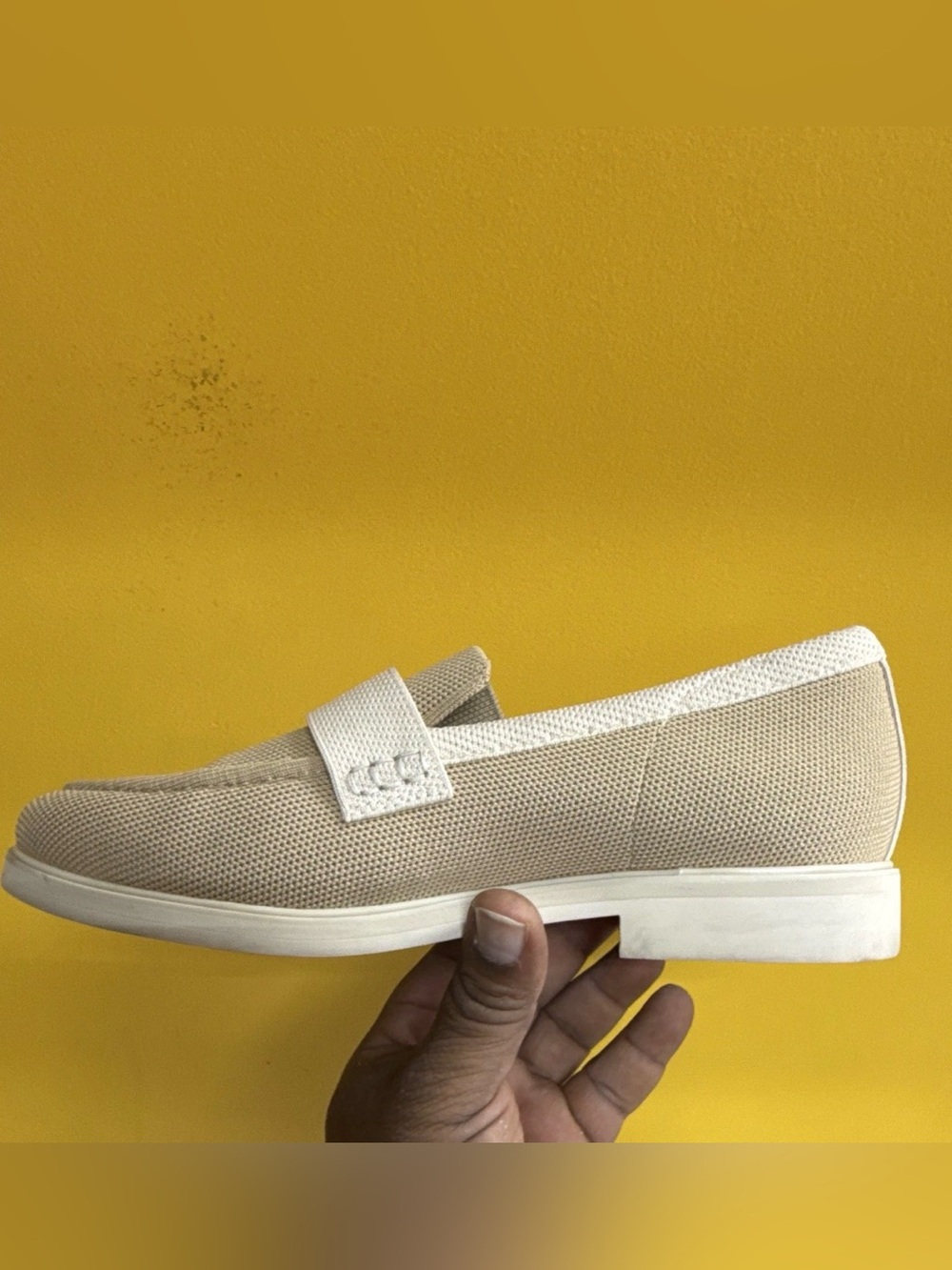 VIVAIA Beige Knit Loafers with White Strap & Gold Logo Size 38.5